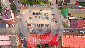 Top aerial panoramic view of Lowicz old town historical city centre with Rynek Market Square, Old Town Hall, New City Hall,