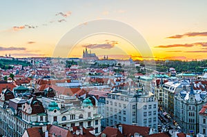 Top aerial panoramic view of Prague Old Town historical city centre with red tiled roof