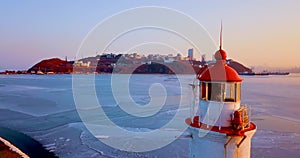 Top aerial panoramic view of Tokarev Lighthouse in Vladivostok