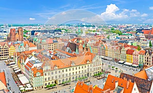 Top aerial panoramic view of Wroclaw old town historical city centre with Rynek Market Square, Old Town Hall, New City Hall