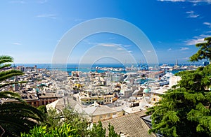 Top aerial scenic panoramic view from above of old historical centre of european city Genoa