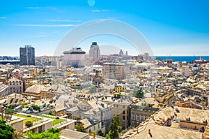 Top aerial scenic panoramic view of european city Genoa photo