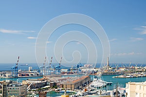 Top aerial scenic panoramic view of old Port with Lighthouse La Lanterna di Genova photo