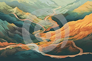 Top aerial view of autumn mountains with road serpent isolated vector style illustration