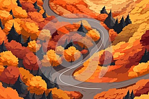 Top aerial view of autumn mountains with road serpent isolated vector style illustration