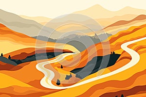 Top aerial view of autumn mountains with road serpent isolated vector style illustration
