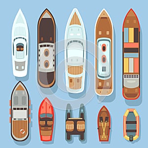 Top aerial view boat and ocean ships vector set