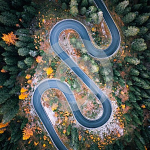 Top aerial view of famous Snake road near Passo Giau in Dolomite Alps