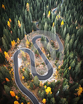 Top aerial view of famous Snake road near Passo Giau in Dolomite Alps