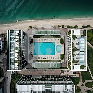 Top aerial view on modern buildings on sea beach. Pool, relax landscape, architecture on seascape background. AI