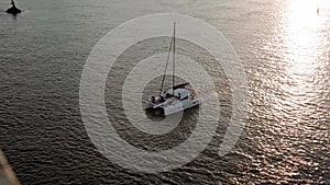 Top Aerial view moving fishing boat ocean. sailing motor boat with angler on Dnipro river at sunrise sunset. landscape