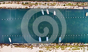 Top Aerial view of pier and boats from drone