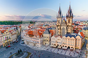 Top aerial view of Prague Old Town Square Stare Mesto historical city centre. Former market square.