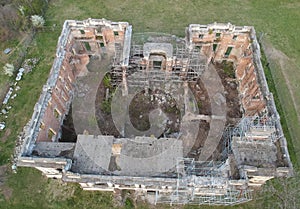 Top aerial view of the ruins of Cantacuzino Palace, Floresti, Romania
