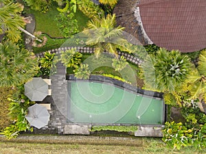 Top aerial view of swimming pool in resort with tropical garden in Bali, Indonesia