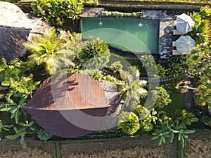 Top aerial view of swimming pool in resort with tropical garden in Bali, Indonesia