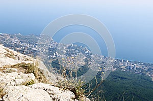 On top of Ai-Petri plateau, view of Black sea coast, Crimea.