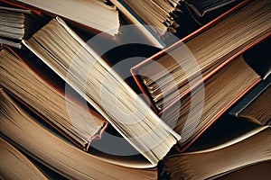 Top angle close-up of stack of thick-covered and thick-looking books. Generative ai