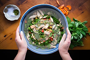 top angle of hands mixing fattoush in a large salad bowl