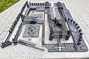Top angle perspective of detailed black model of Alden Biesen castle