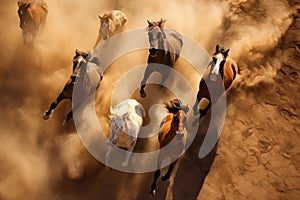 Top angle shot of a herd of horses running on the sand in the dust