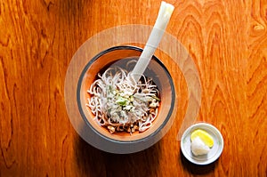 Top angle of Takato soba traditional leek soba of Ouchi juku, Fukushima, Tohoku, Japan