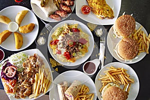 Top angle of various plates of different types of food