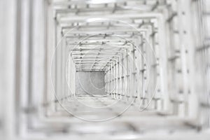 Top angle view of the white reinforced steel bar framework column construction in the work site