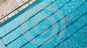 Top arial view of a large swimming pool occupied by one person