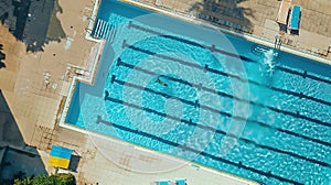 Top arial view of a large swimming pool occupied by one person