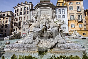 FIGURE ON FOUNTAIN BY PANTEHEON. FAMOUS DESTINATION OF ROME.