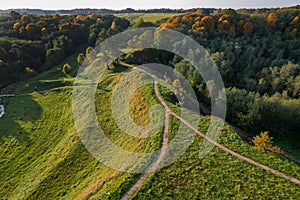 Top of the baltic mound with beautiful colors of autumn photographed with a drone on sunny day.