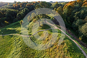 Top of the baltic mound with beautiful colors of autumn photographed with a drone on sunny day.