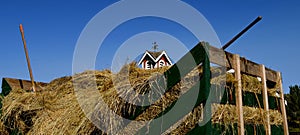 The top of a barn cupola appears behind a load of hay and straw on a hayrack.