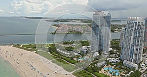 Top beaches in Miami Florida. Top view waterfront resorts in Miami beach. Aerial view of Miami, Florida, USA. White sand
