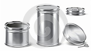 The top and bottom view of a tin can with a ring pull. A cylinder metal jar with a lid and an open key isolated on a