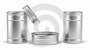 The top and bottom views of a tin can with a ring pull are paired up of a cylinder food metal jar with a lid and an open