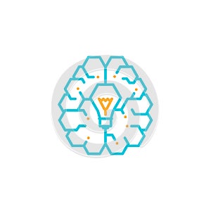 Top Brain logo icon with Incandescent light bulb symbol, Creative idea concept editable stroke design illustration grey and orange