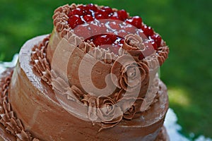 Top of chocolate wedding cake with cherries