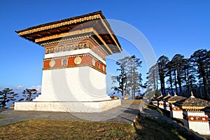 The top of 108 chortens stupas at Dochula Pass on the road from Thimphu to Punaka, Bhutan