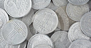 Top closeup view of old brazilian coins