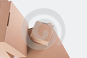 Top corner view, cardboard gift box with lid, mockup for design. Isolated white. Clippingpath