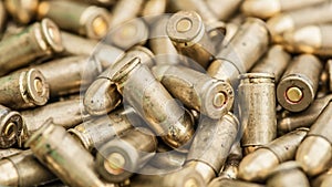 Top detail macro view of large group of gun bullets