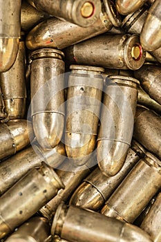 Top detail macro view of large group of gun bullets