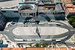 Top down aerial drone view of Restauradores square in Lisbon, Portugal photo