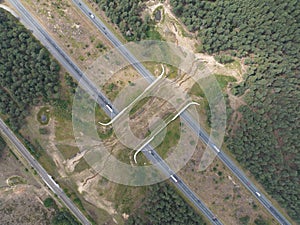 Top down aerial view on Ecoduct Kootwijkerzand. Double road highway.