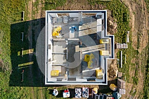 Top down aerial view of a family home under construction