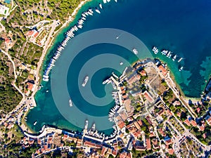 Top down aerial view of Fiskardo Cephalonia yachting bay