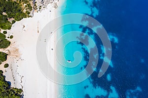 top down aerial view of Fteri Beach on the Greek island of Kefalonia, Ionian Sea Greece. Turquoise colored water and