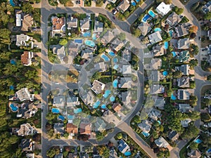 Top Down Aerial View of Houses and Streets in Beautiful Residential Neighbourhood During Summer, Montreal, Quebec, Canada